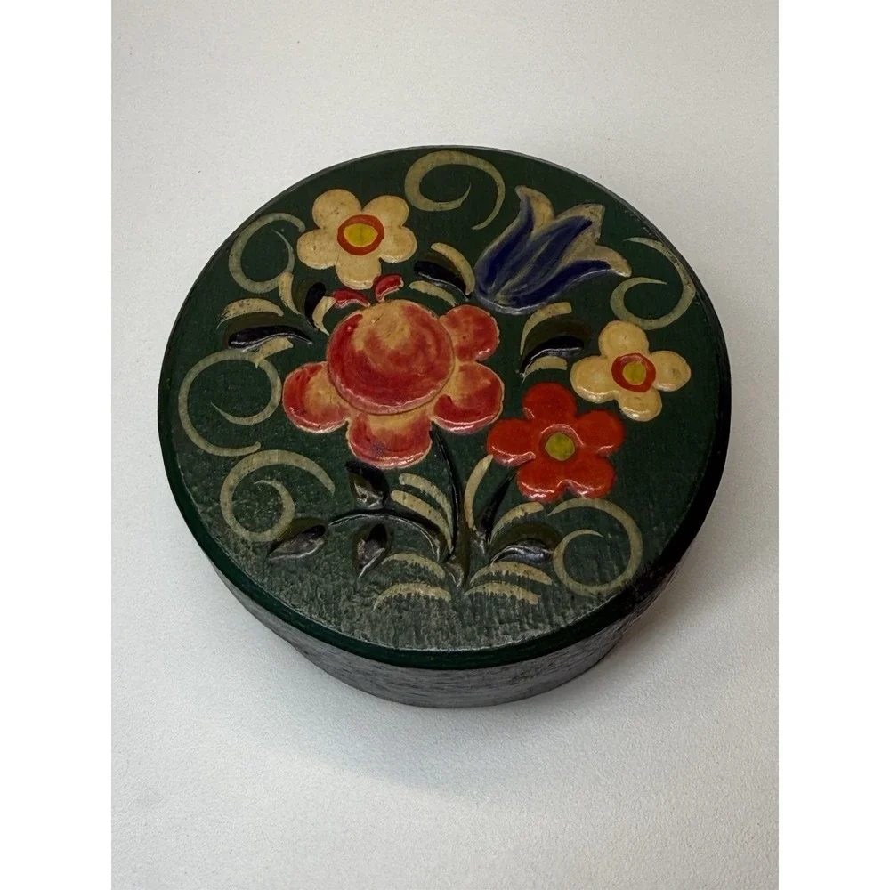 Vintage Wood Mini‎ Trinket Box Hand Painted Floral Design Folk Art Cottagecore